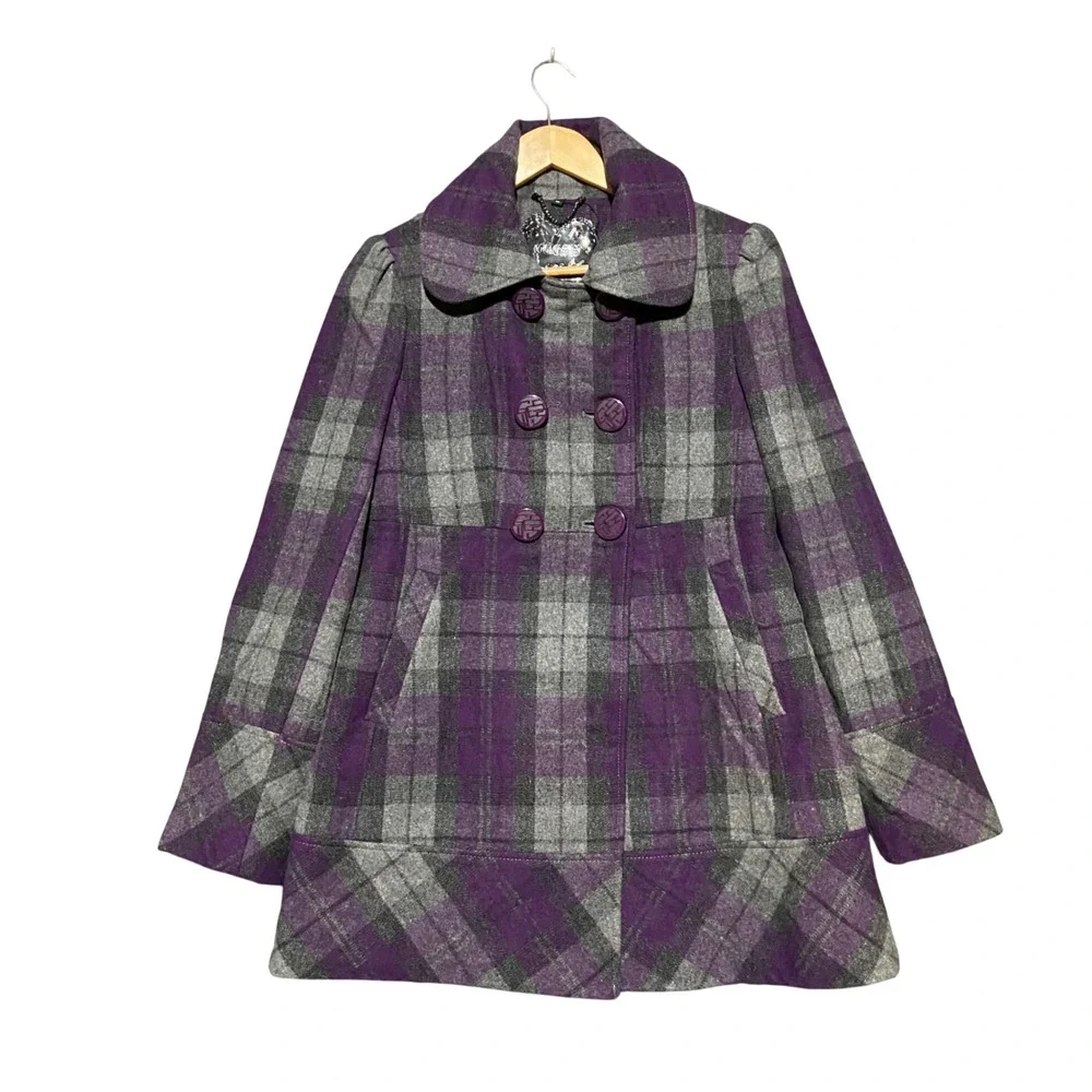 Guess Womens Y2K Purple Plaid Wool Blend Double Breasted Peacoat Jacket Size M